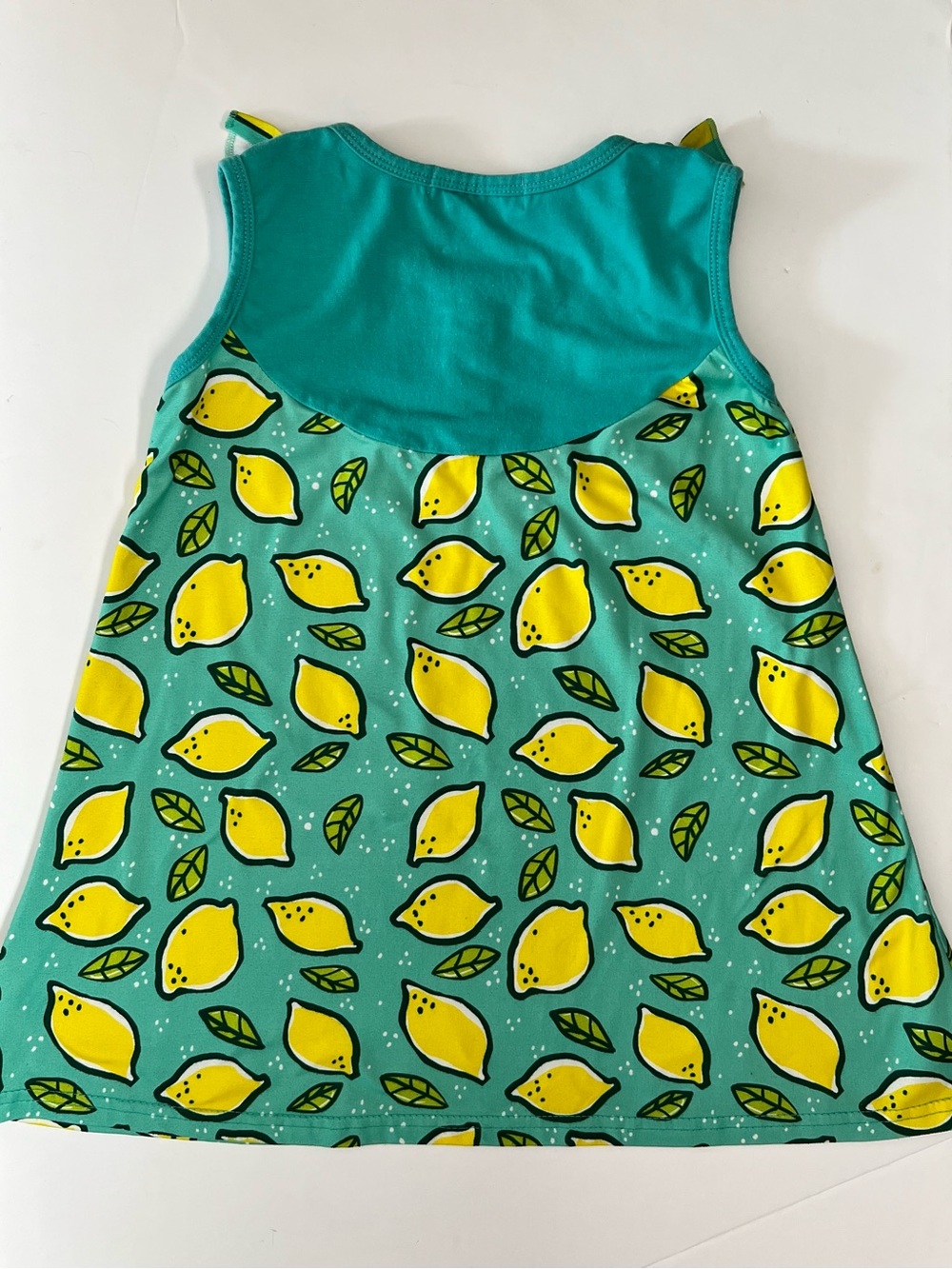 Sleeveless Kids Lemon-Print Ruffle Dress Shirt in Teal by Adorable Sweetheart - Picture 5 of 5